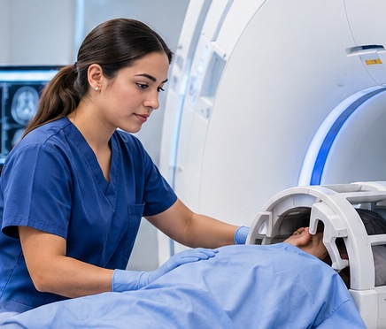 MRI technologist positioning a patient in an MRI scanner